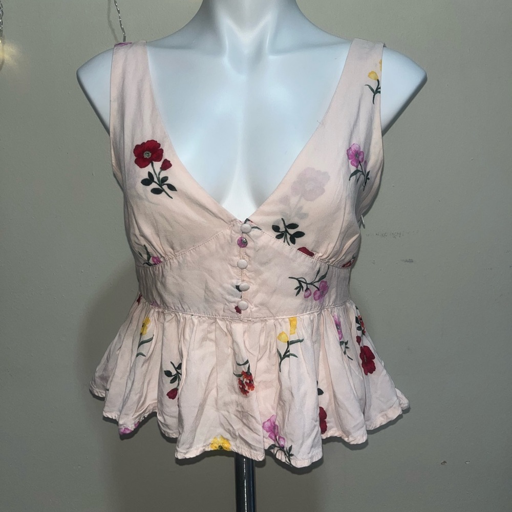 Forever 21 Pink Floral Button-Front Peplum Blouse
